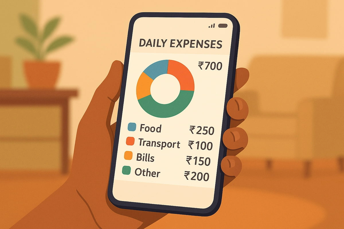 Mobile budget tracking app interface showing daily expenses in India