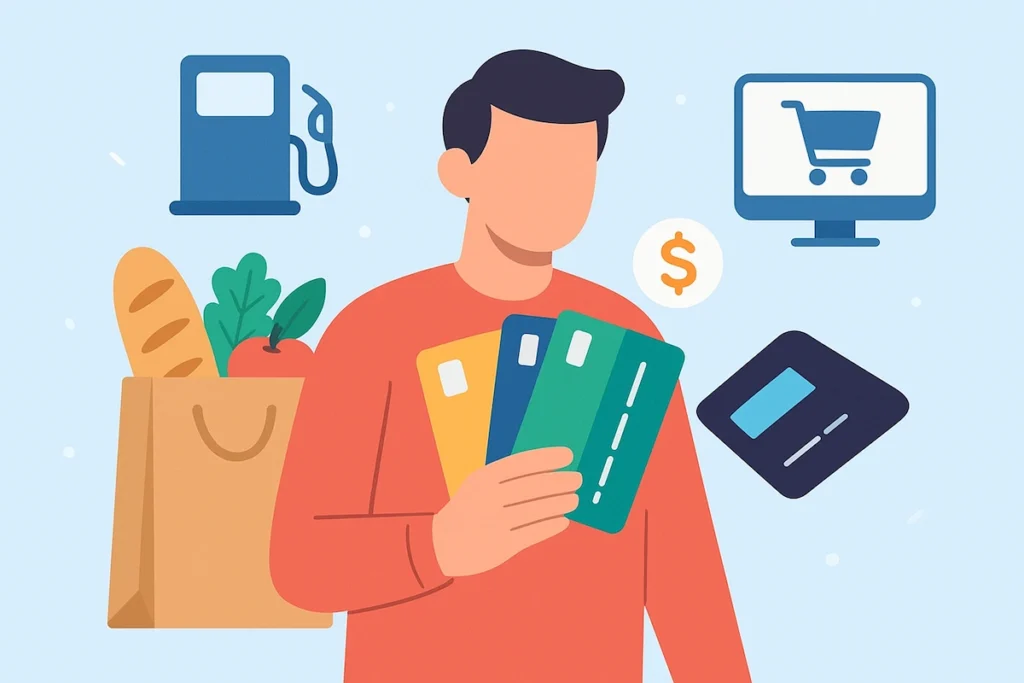 Person using credit cards to save money on groceries, fuel, and online shopping