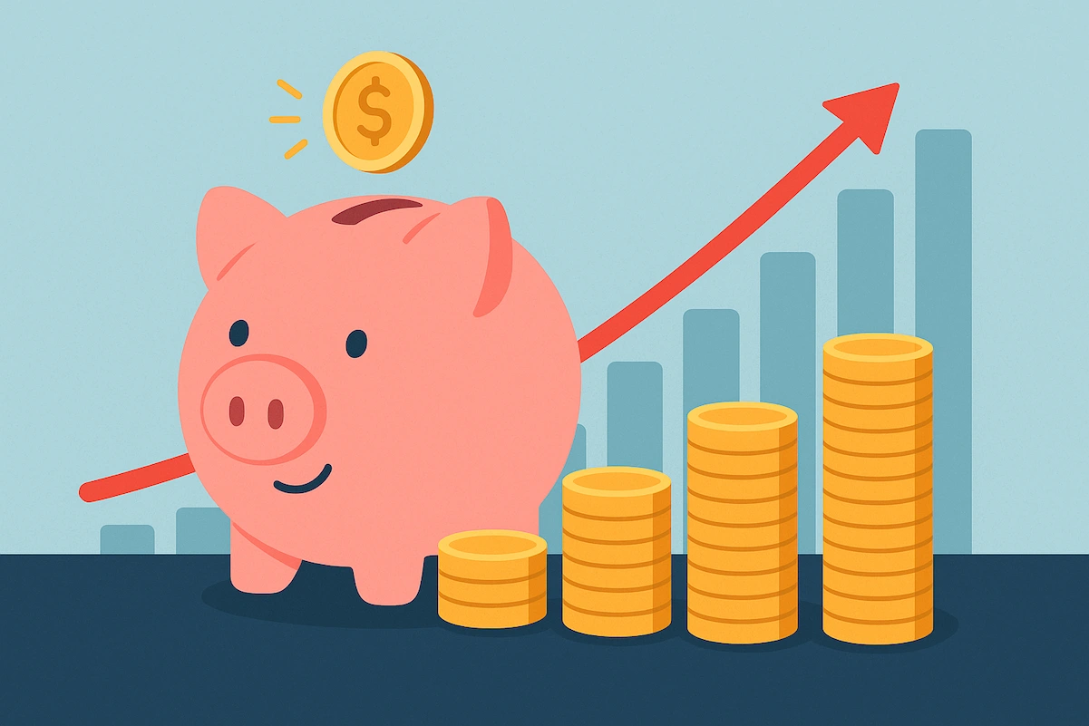 Piggy bank and graph showing growth in savings in India